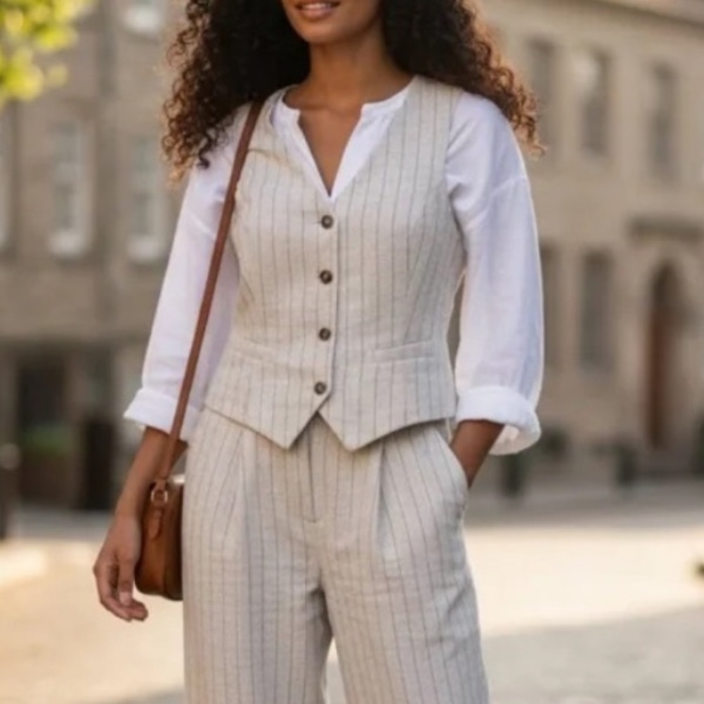 Tullea tailored vest in cream with black pin stripes size large